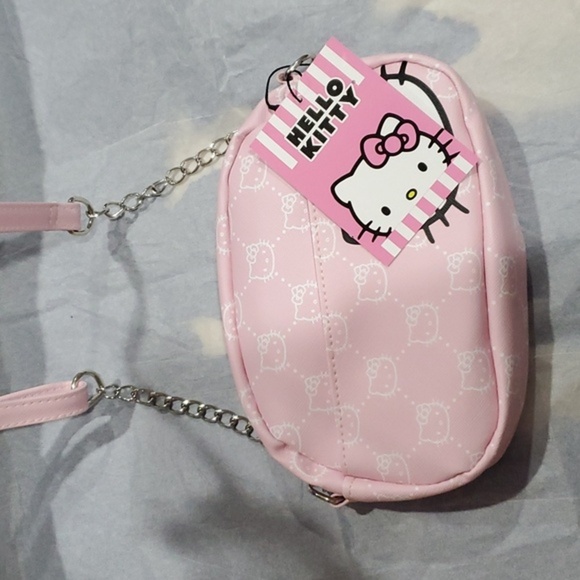 Hello Kitty pink canvas look hello kitty logo chainlink crossbody bag purse new - Picture 10 of 11